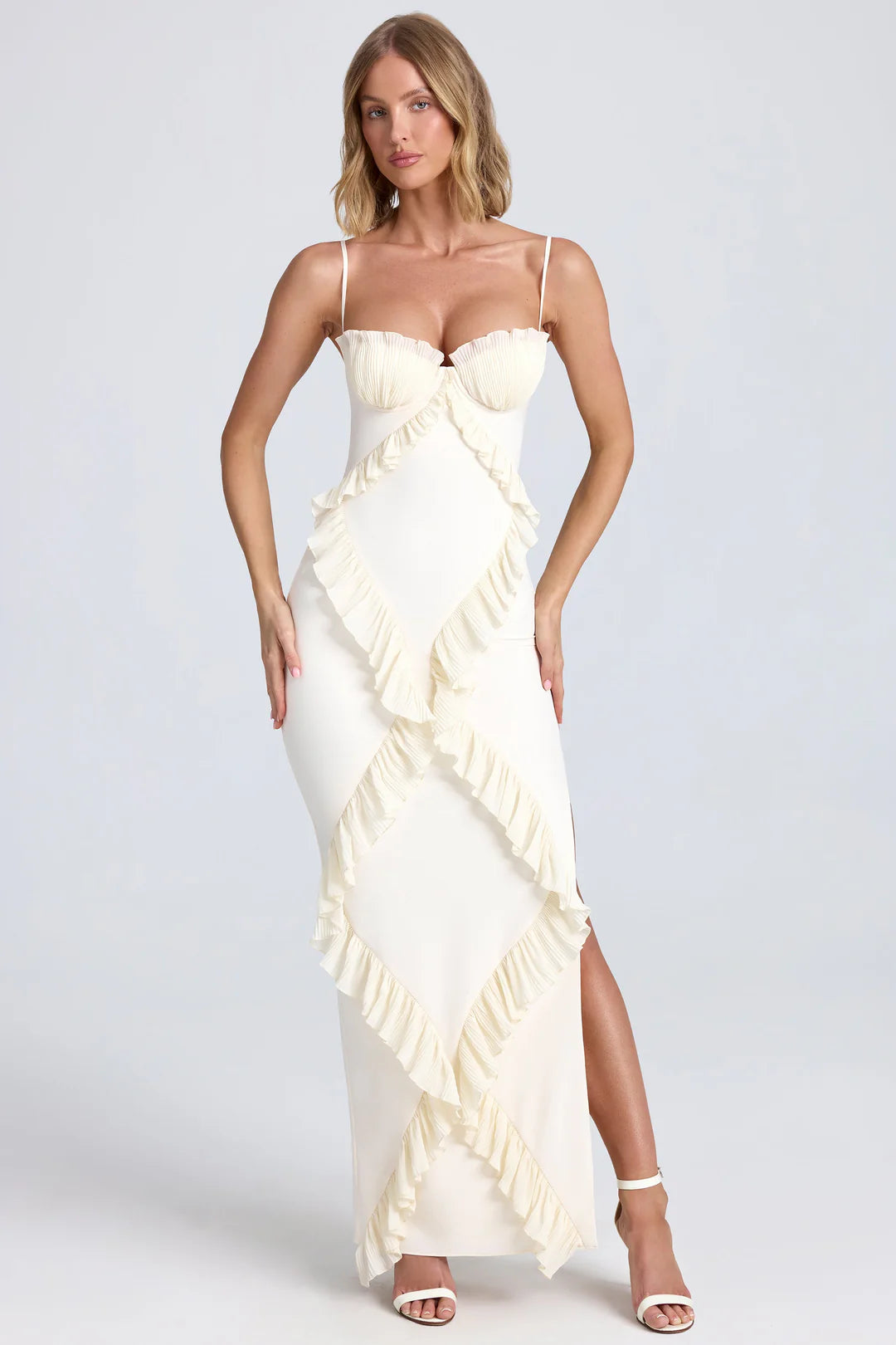 Elegant Ruffle Maxi Dress In White