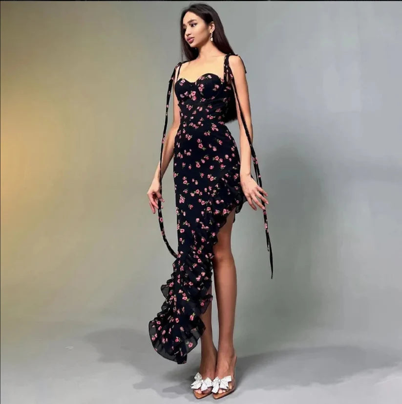 Floral Print Strapless Irregular Maxi Dress In Black