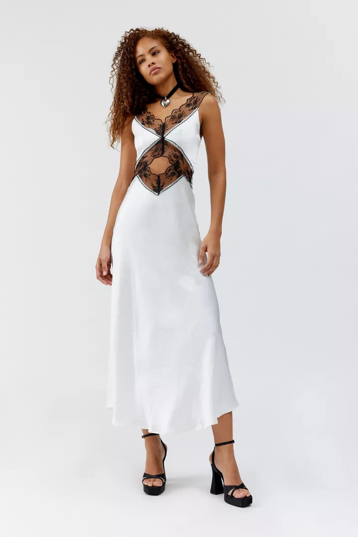 Cut Out Lace Trim Maxi Dress In White