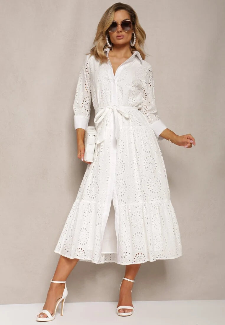 Long Sleeve Embroidery Midi Dress In White