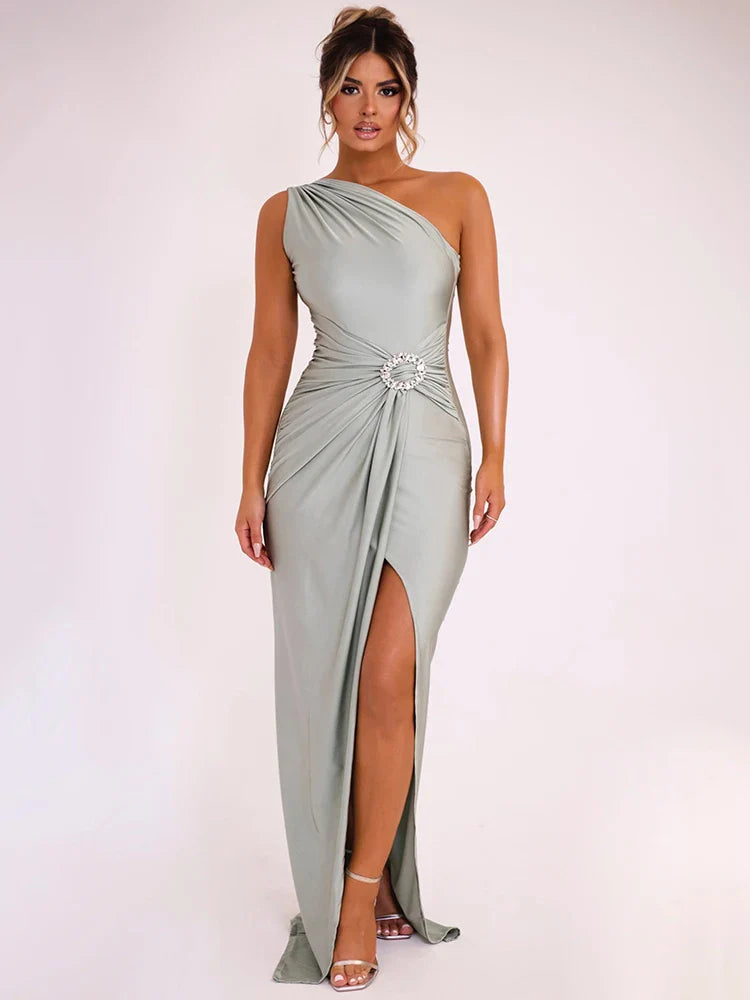 Inclined Shoulder Maxi Dress In Light Gray