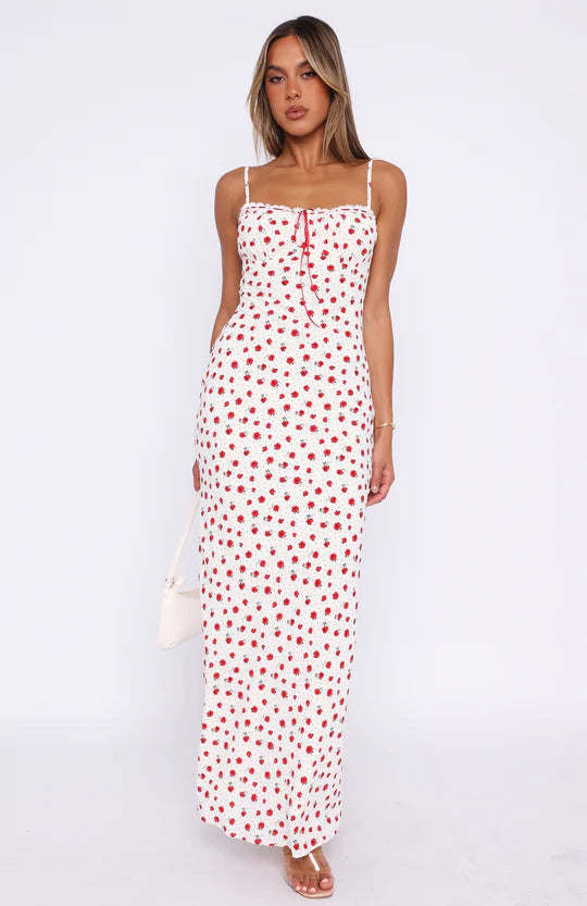 Shoulder Straps Floral Print Maxi Dress In White