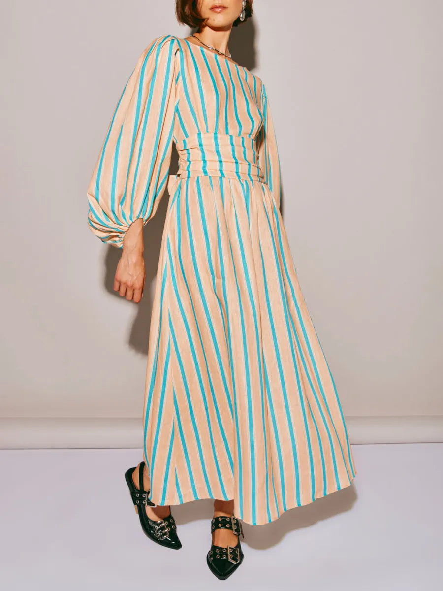 Backless Midi Dress With Blue Stripes