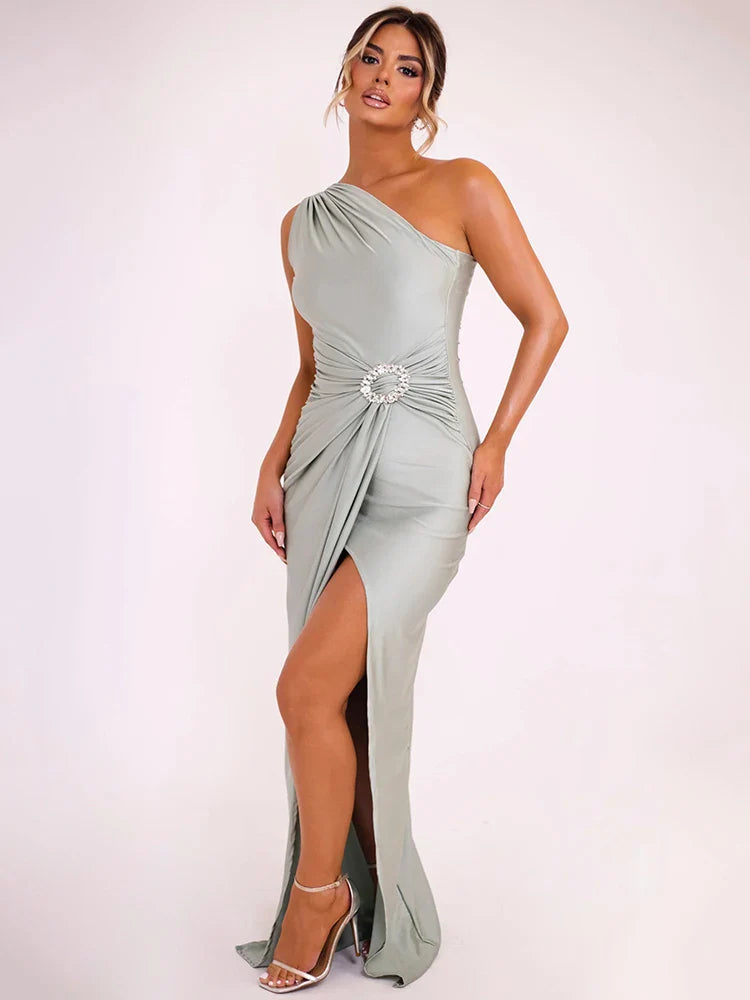 Inclined Shoulder Maxi Dress In Light Gray