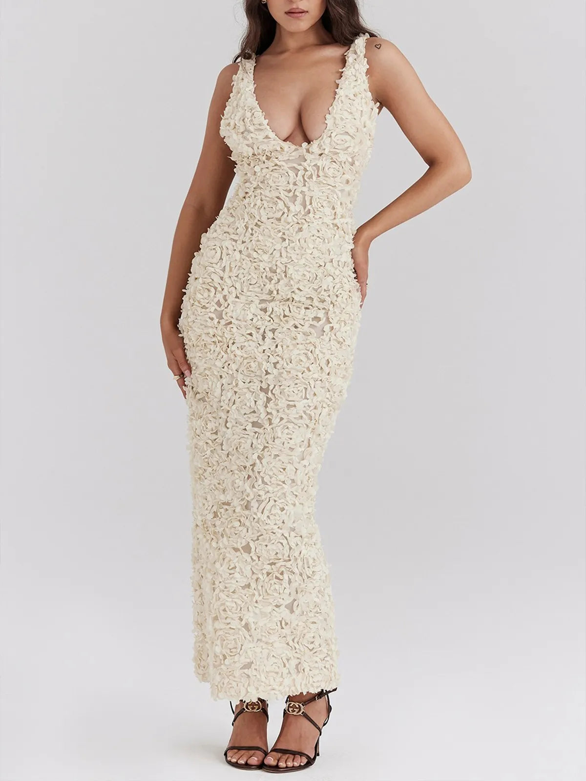 Flower Textured Maxi Dress In Beige