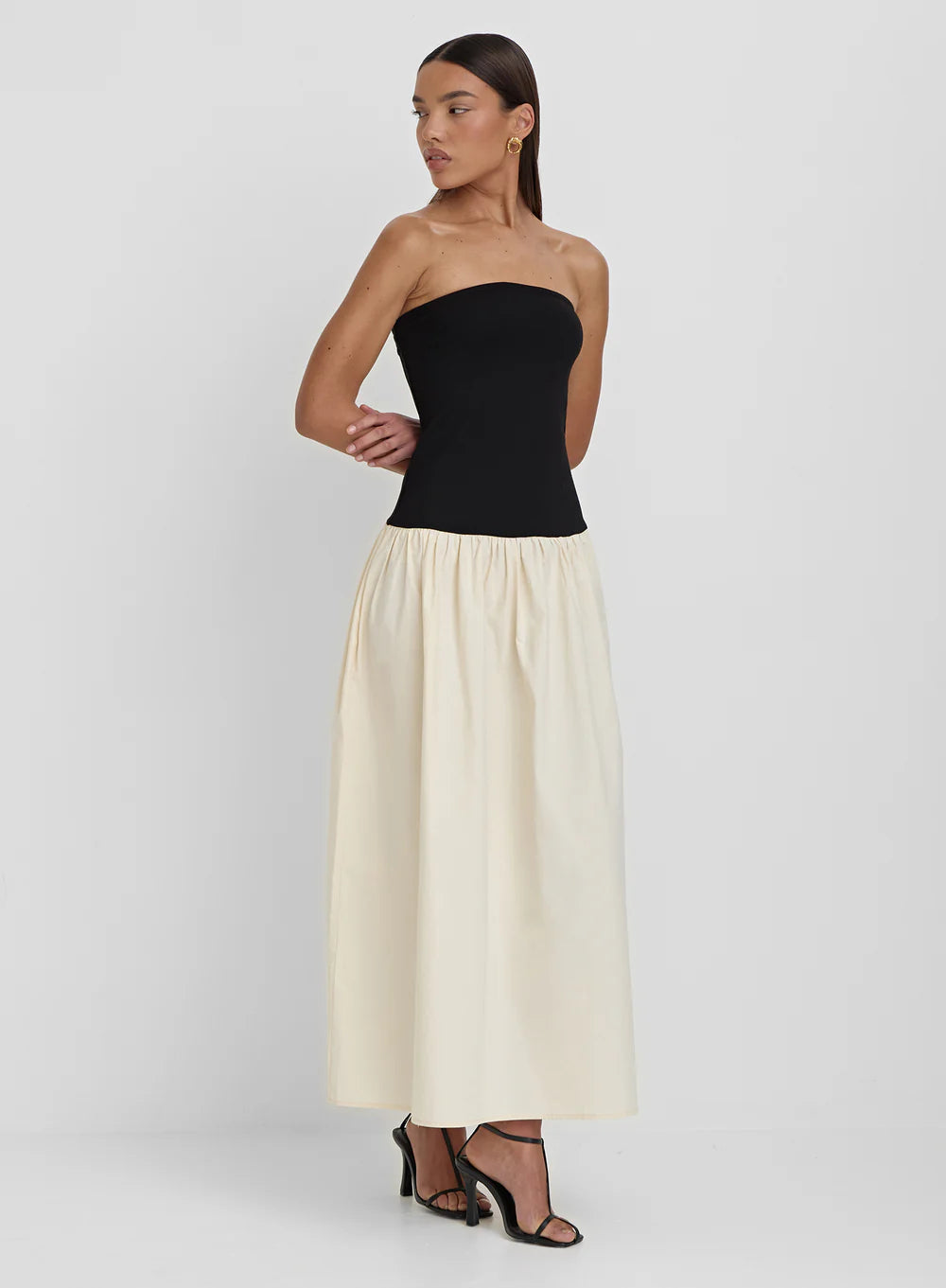 Bandeau High Waist Maxi Dress In Black And Beige