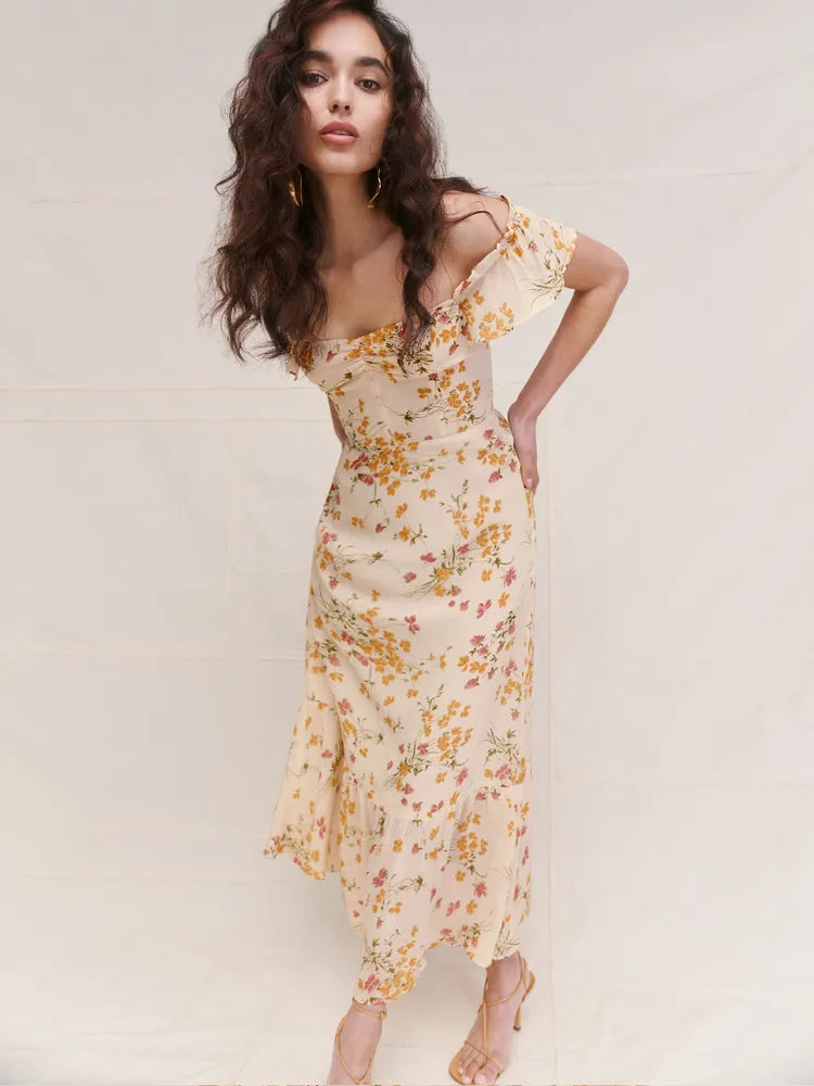 Off Shoulder Floral Midi Dress In Yellow