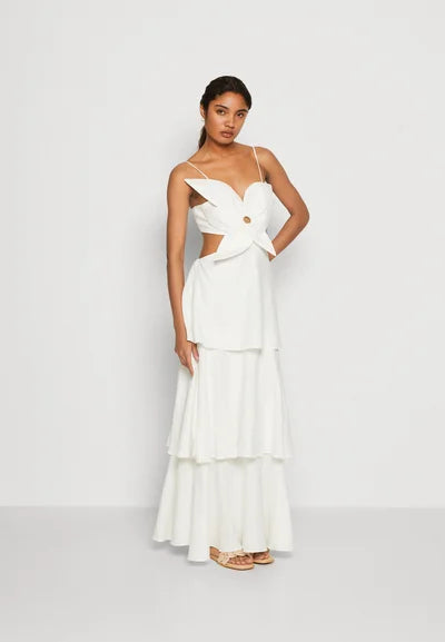 Flower Ruffle Maxi Dress In White