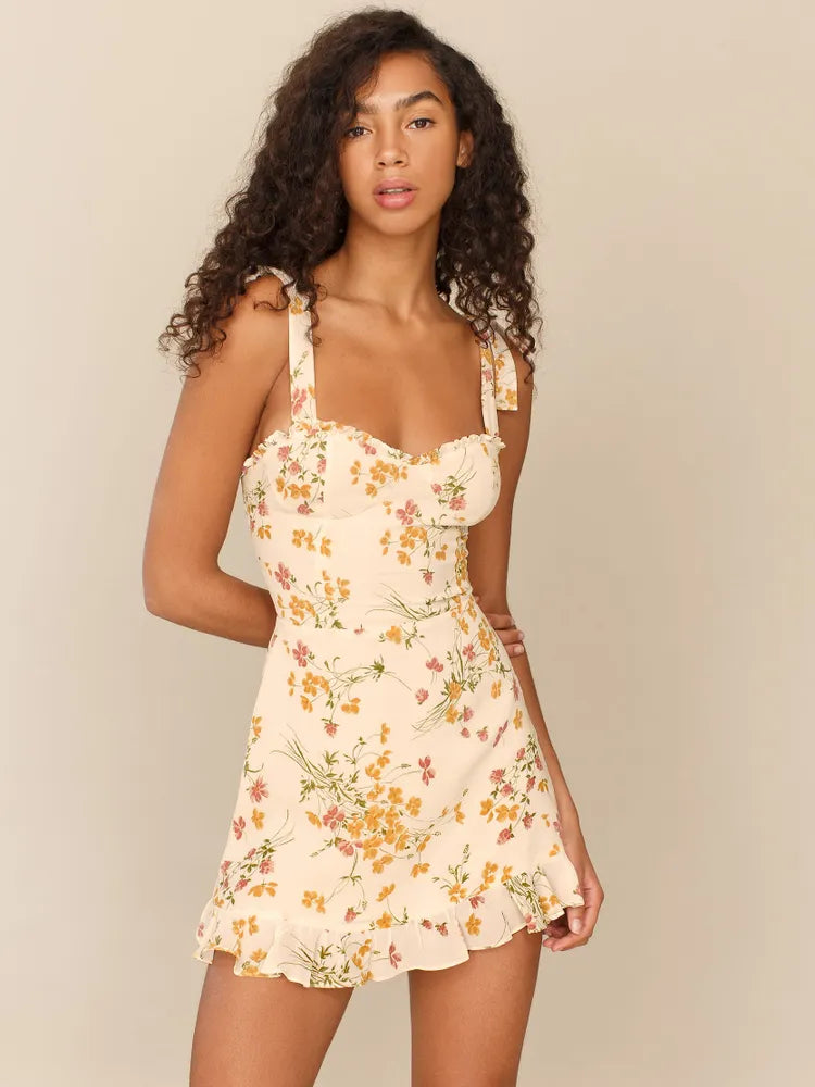 Sweetheart Neckline Floral Mini Dress In Beige