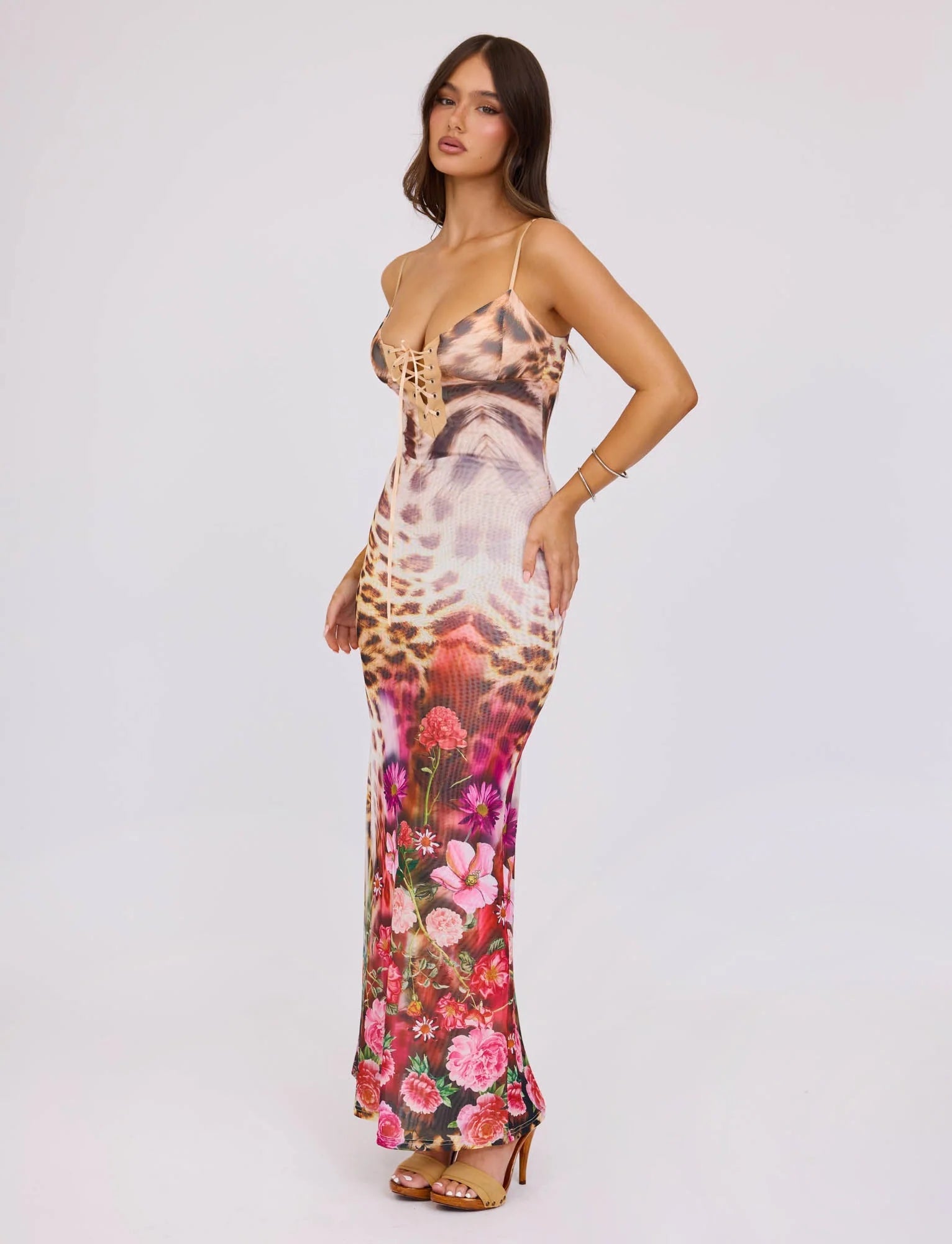 Floral Leopard Print Maxi Dress With Ribbon Tie