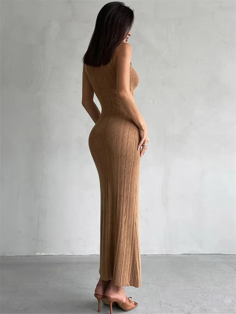 Turtleneck Knit Maxi Dress In Khaki