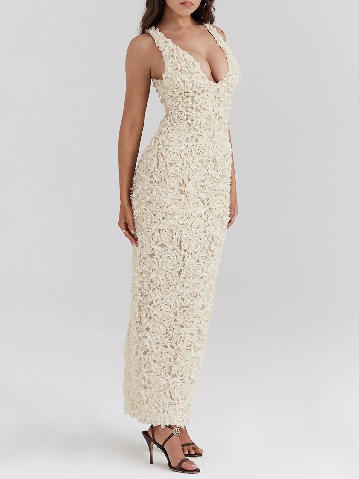 Flower Textured Maxi Dress In Beige