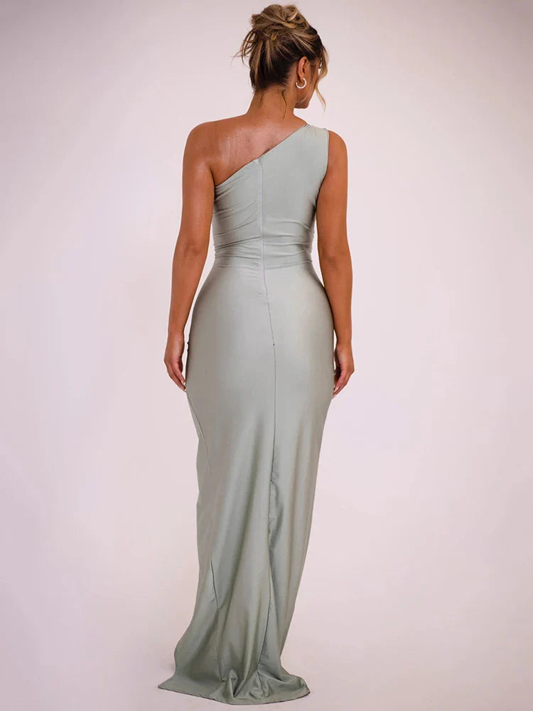 Inclined Shoulder Maxi Dress In Light Gray