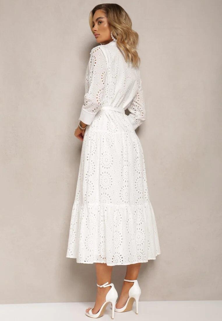 Long Sleeve Embroidery Midi Dress In White