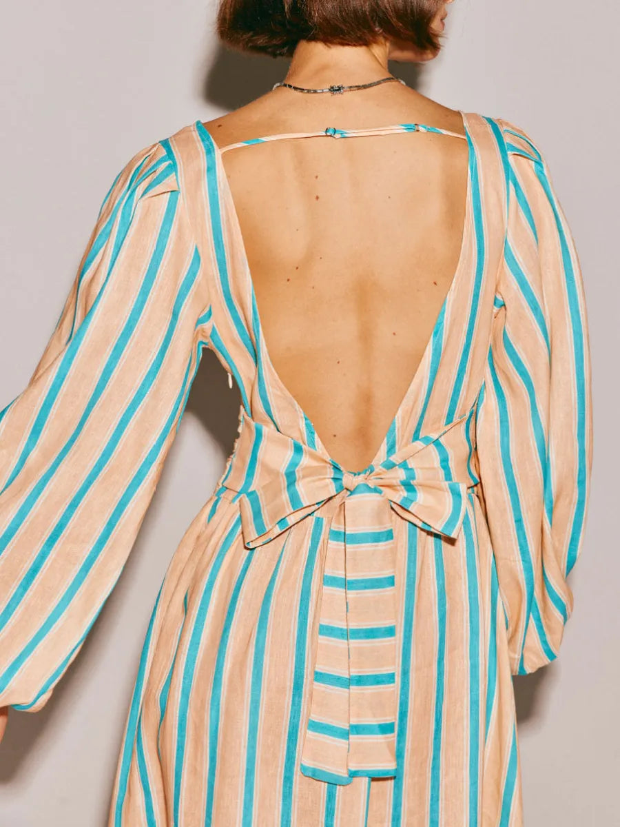 Backless Midi Dress With Blue Stripes