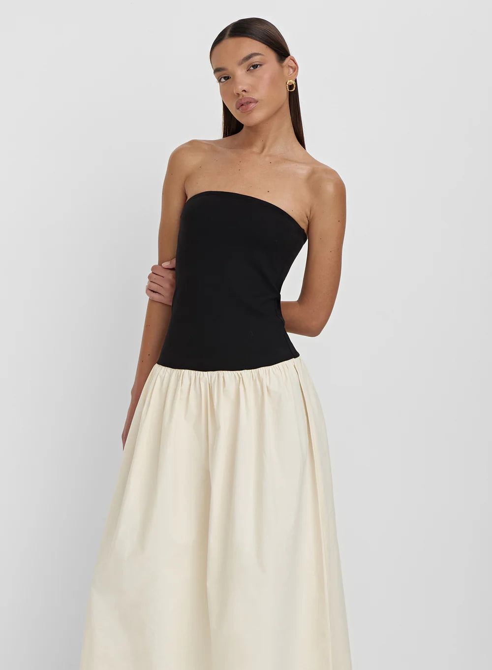 Bandeau High Waist Maxi Dress In Black And Beige