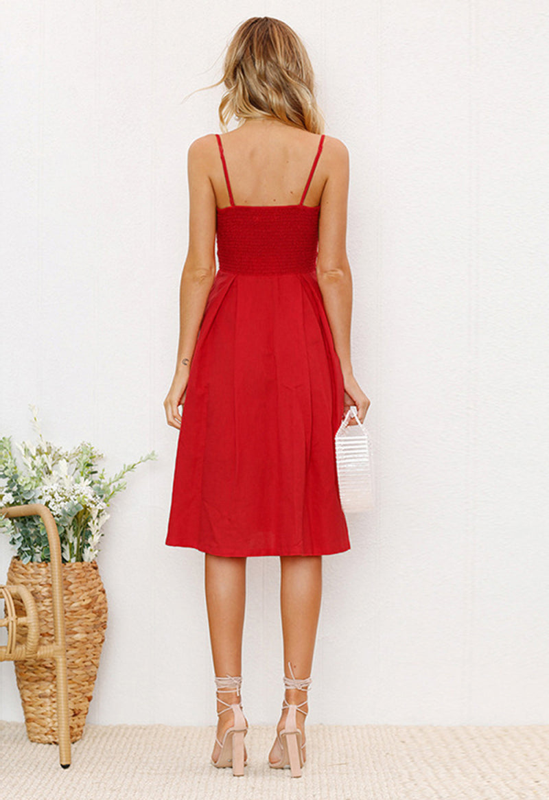 Midi Dress In Red With Buttons