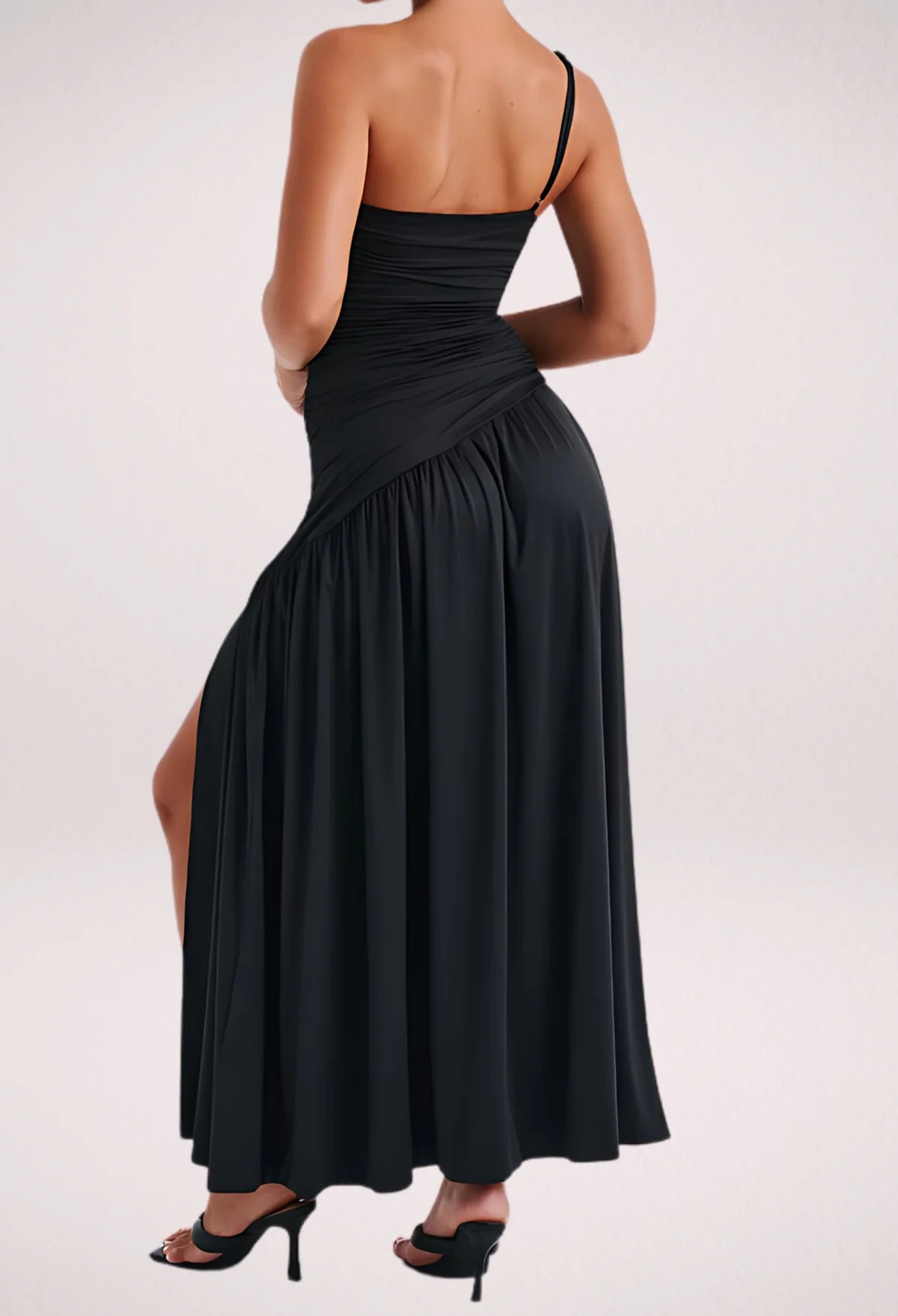 One Shoulder High Split Maxi Dress In Black