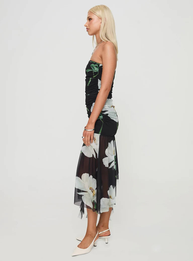 Strapless Midi Dress With Flowers In Black