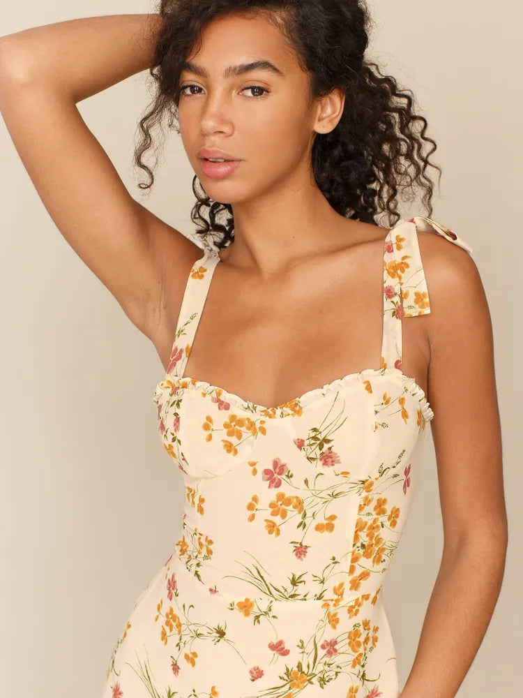 Sweetheart Neckline Floral Mini Dress In Beige