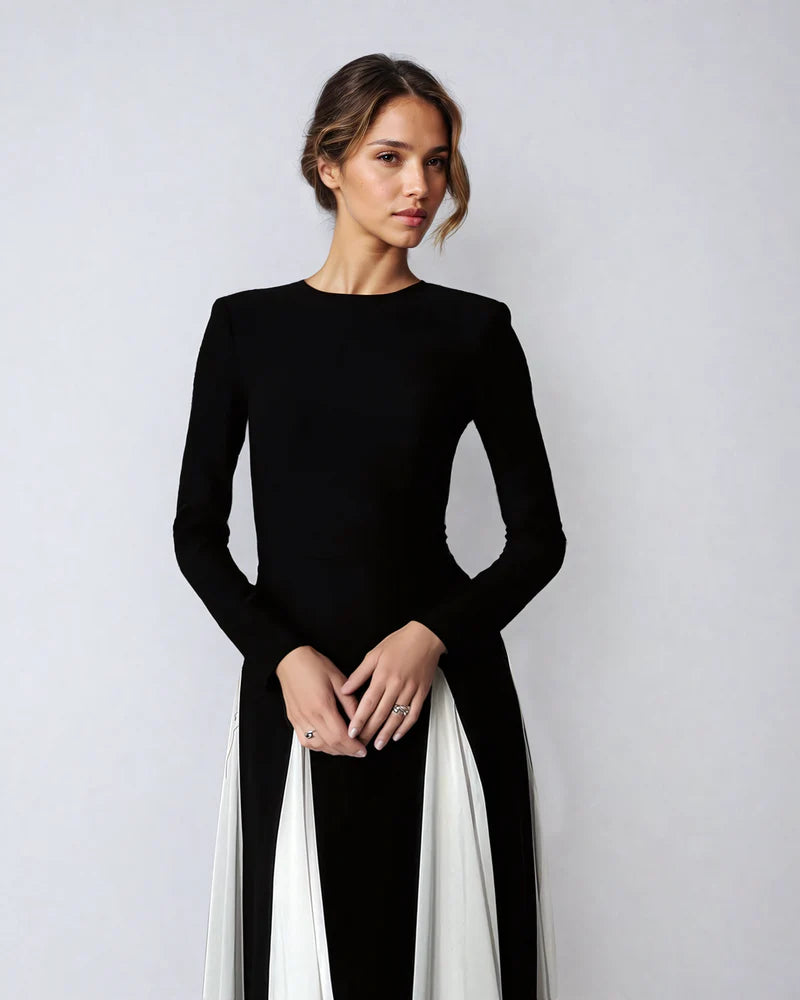 Contrast Long Sleeve Maxi Dress In Black And White