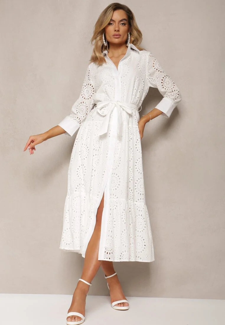 Long Sleeve Embroidery Midi Dress In White