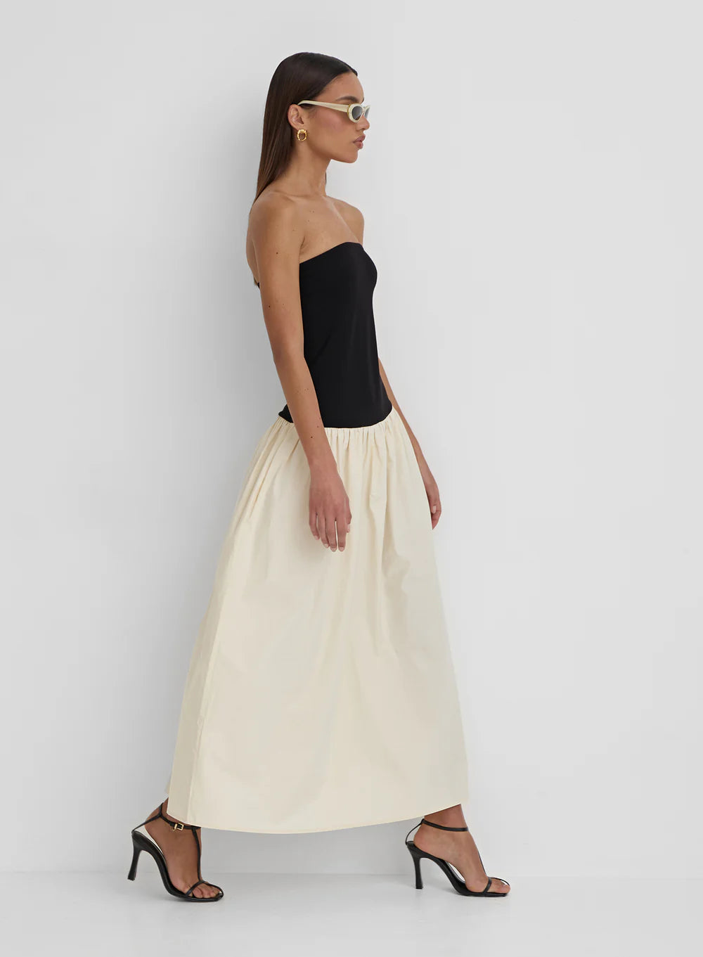 Bandeau High Waist Maxi Dress In Black And Beige