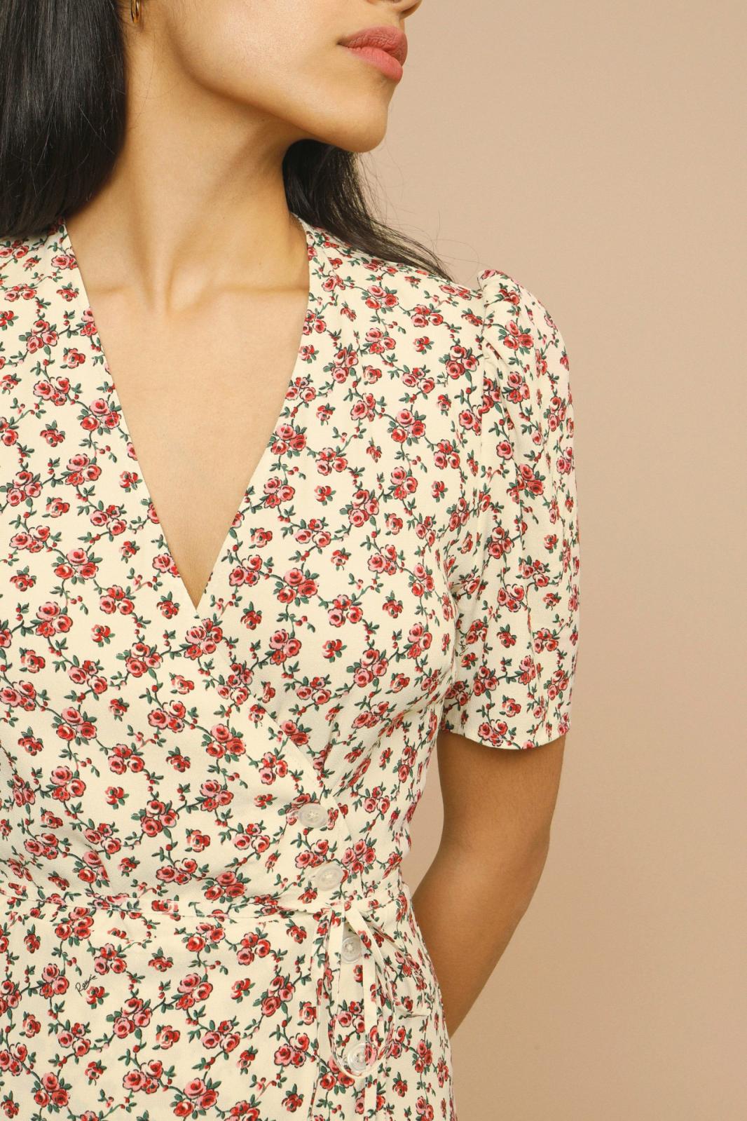 Floral V-Neck Midi Dress With Puff Sleeves