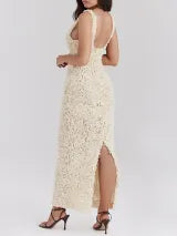 Flower Textured Maxi Dress In Beige