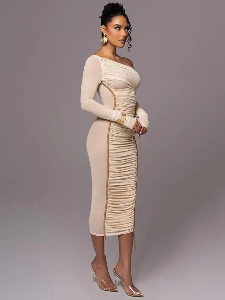 Bodycon Mesh Detail Maxi Dress In Beige