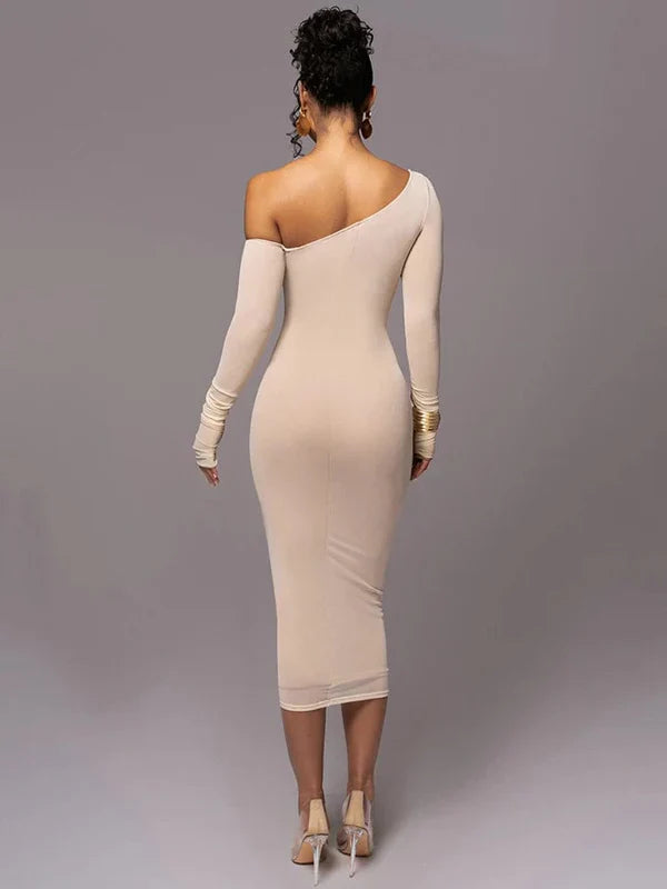 Bodycon Mesh Detail Maxi Dress In Beige