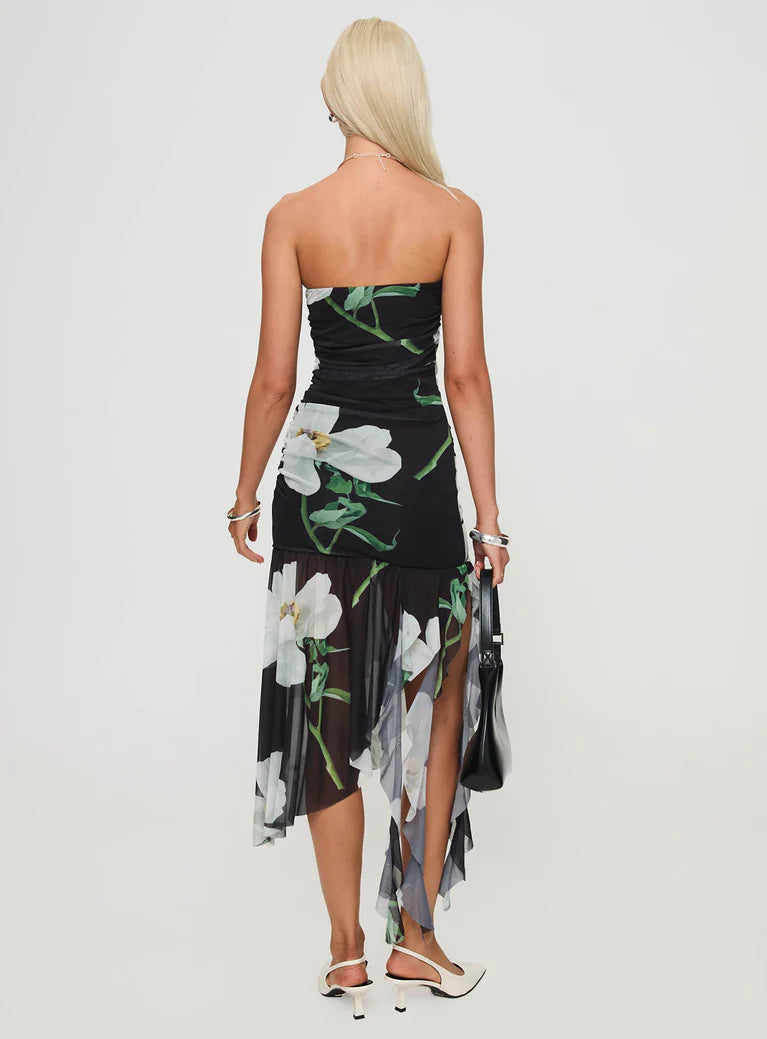 Strapless Midi Dress With Flowers In Black