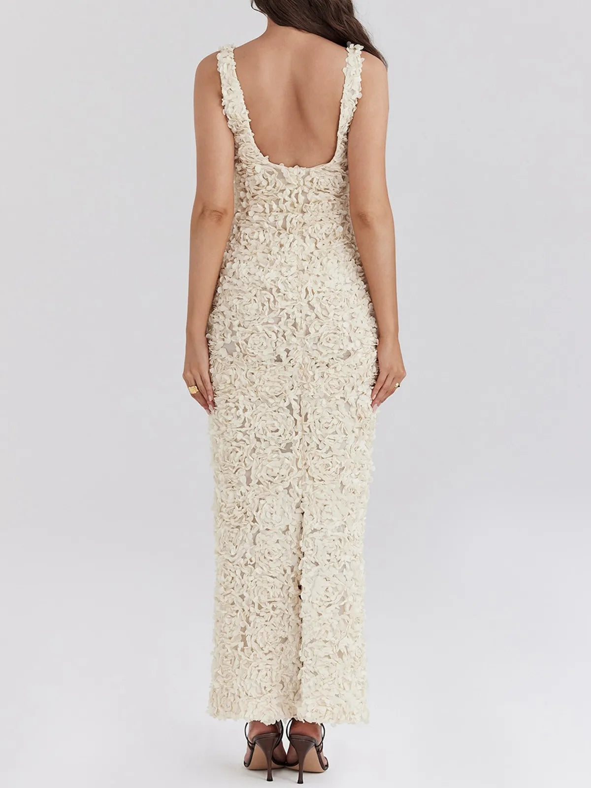 Flower Textured Maxi Dress In Beige