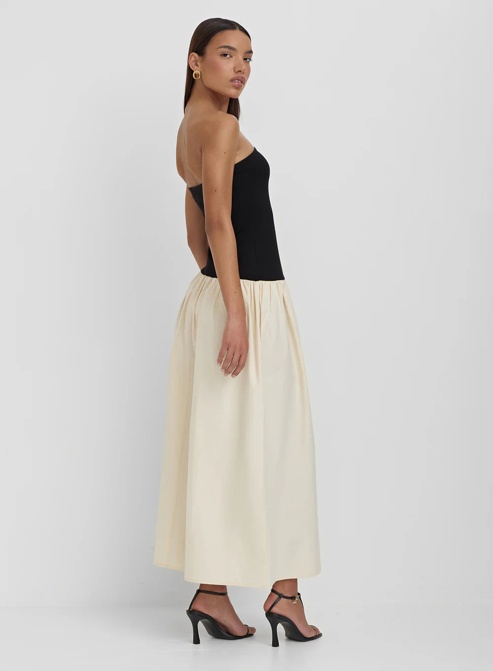 Bandeau High Waist Maxi Dress In Black And Beige