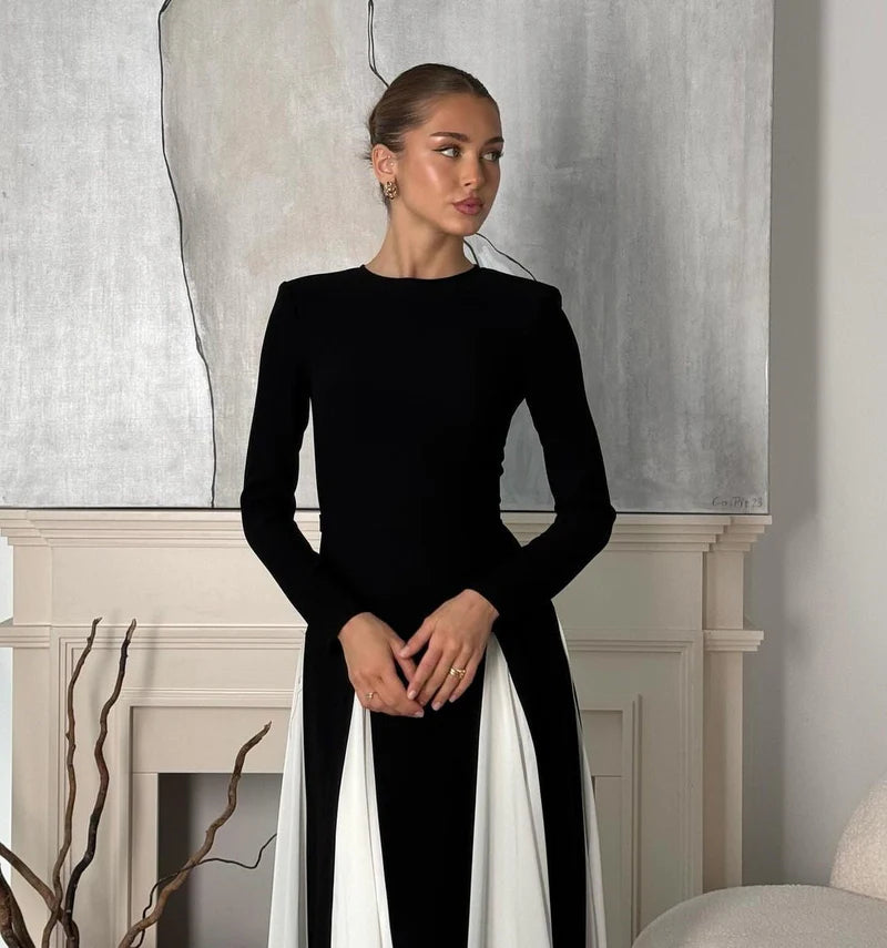 Contrast Long Sleeve Maxi Dress In Black And White