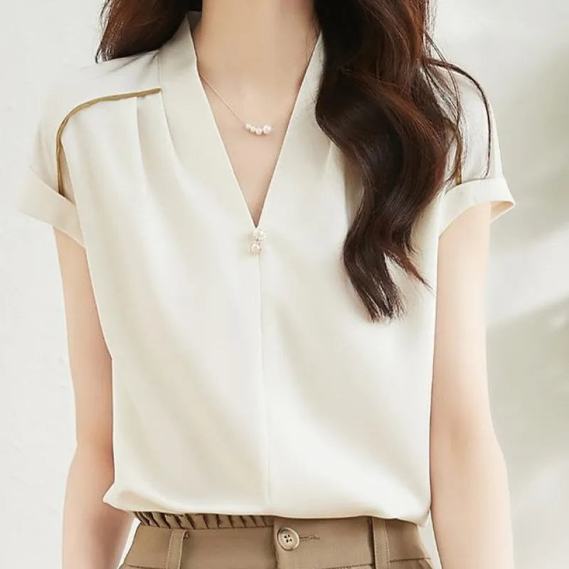 Sleeveless V-Neck Shirt In Beige