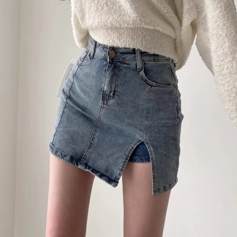 Side Slit High Rise Denim Skirt