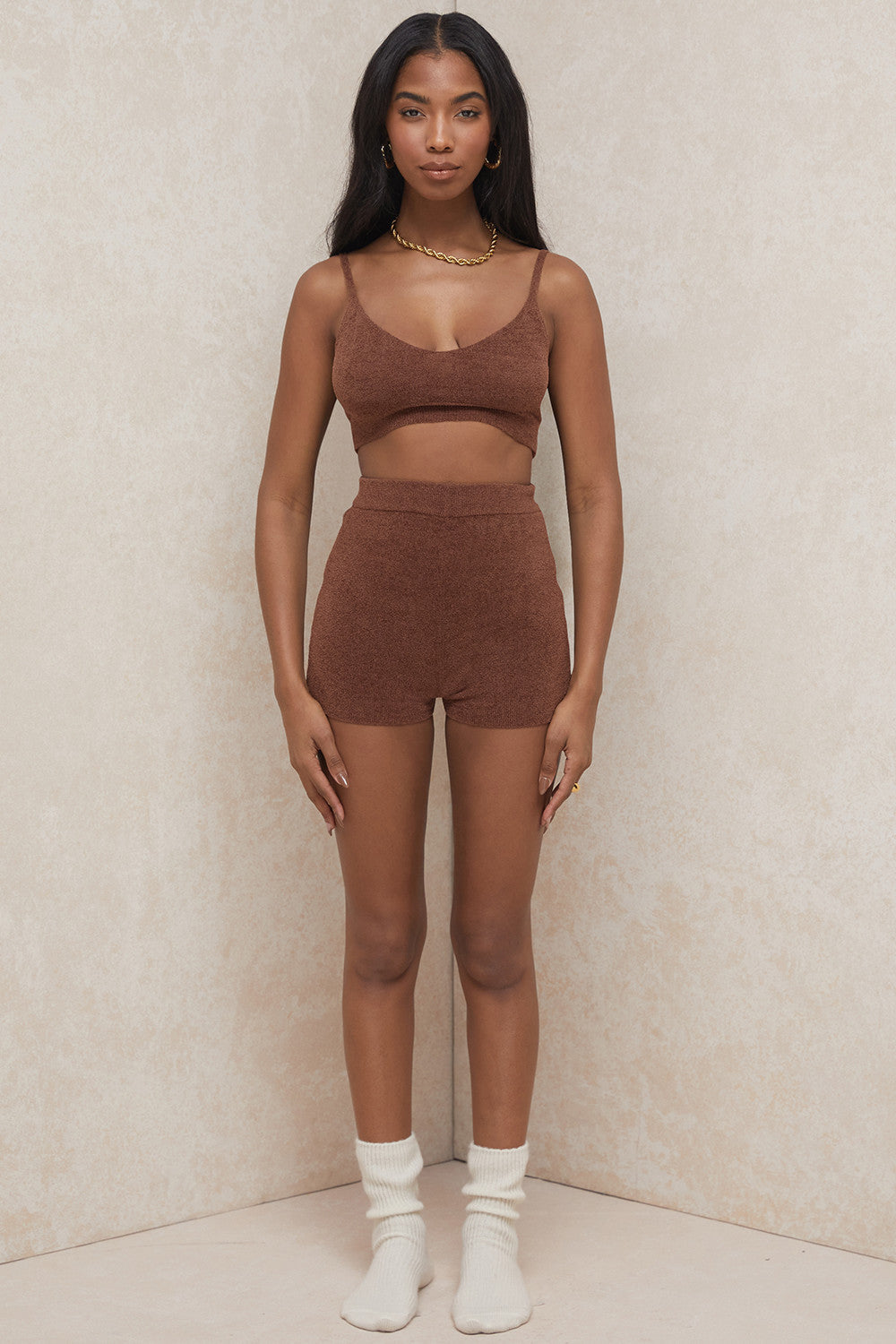 Chocolate fluffy knit crop top with high waisted shorts