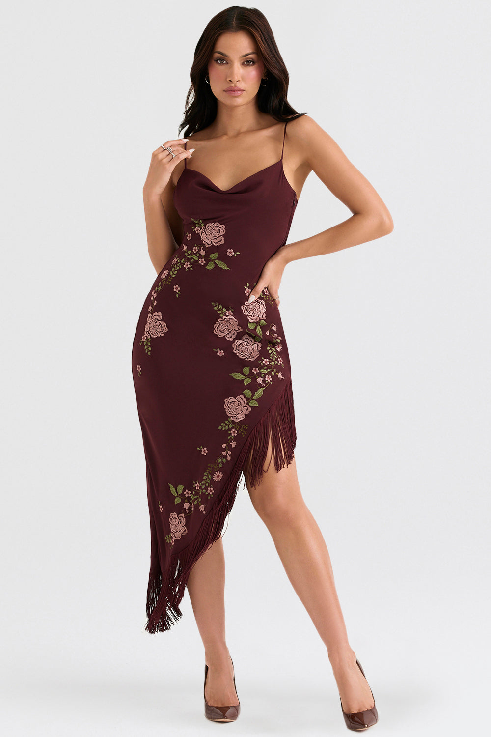 Wine embroidered midi dress