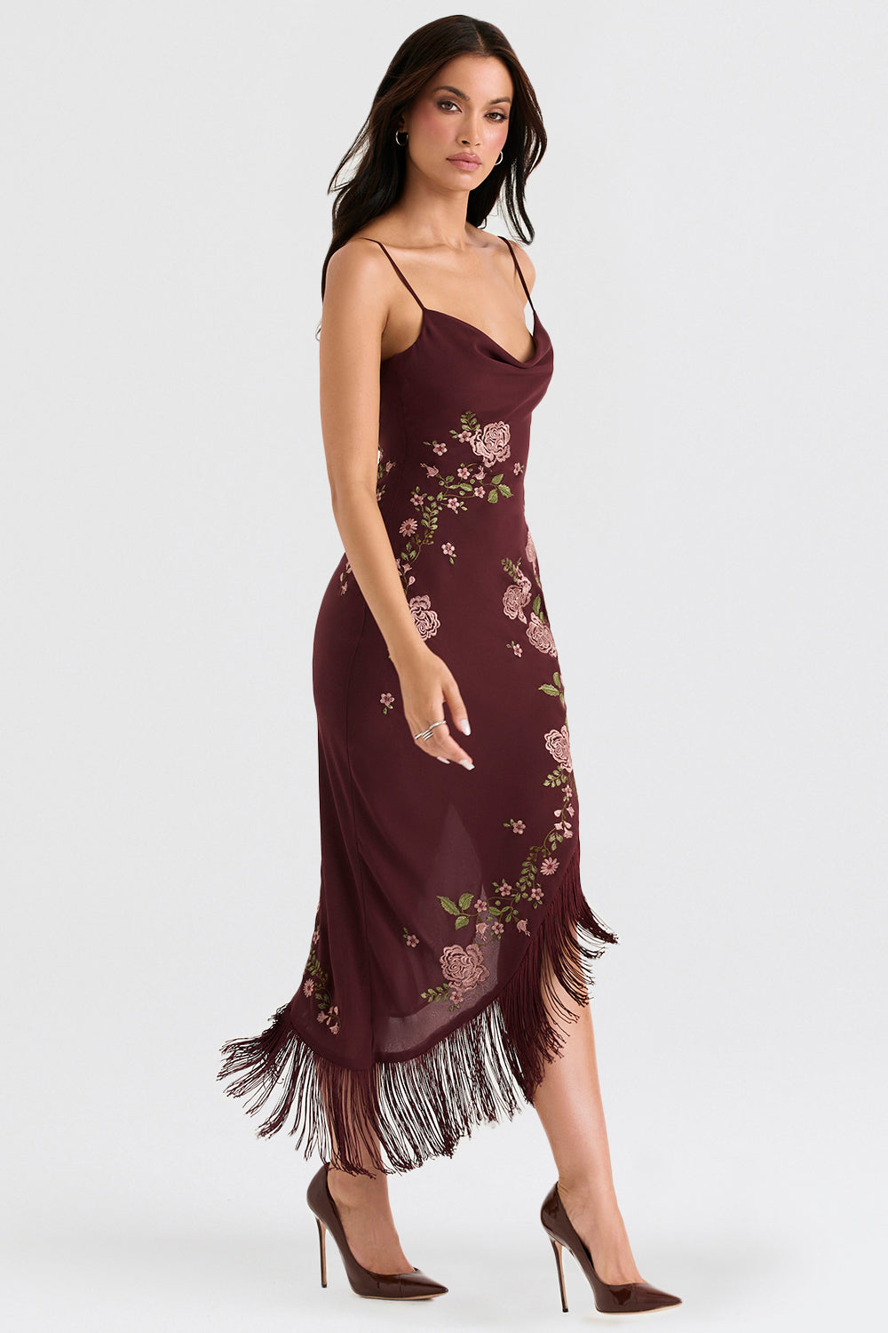 Wine embroidered midi dress