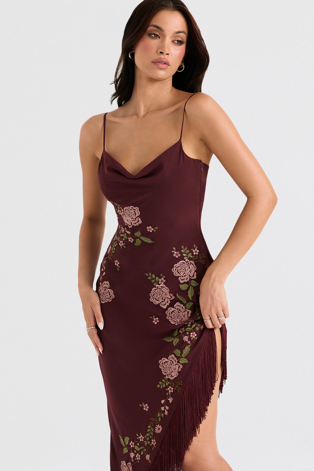 Wine embroidered midi dress