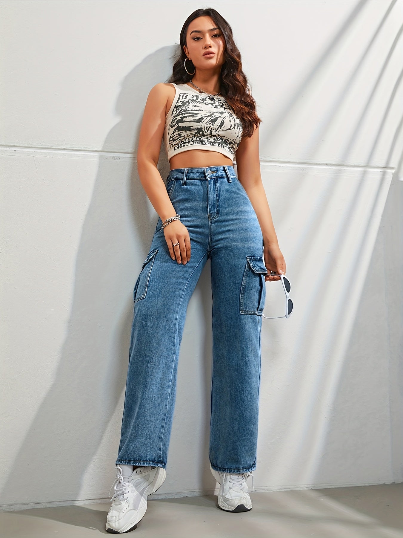 High-waisted denim cargo pants