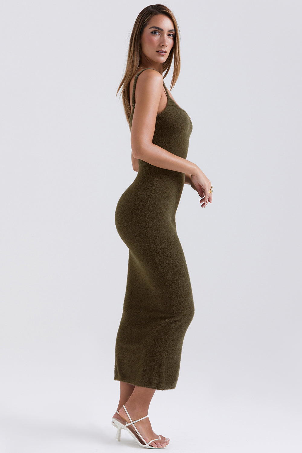 Khaki soft fluffy knitted maxi dress