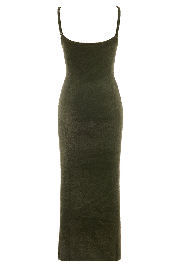 Khaki soft fluffy knitted maxi dress