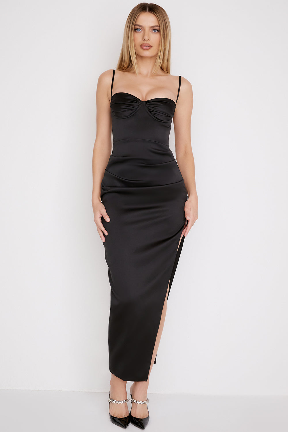 Midi dress with satin pleated corset