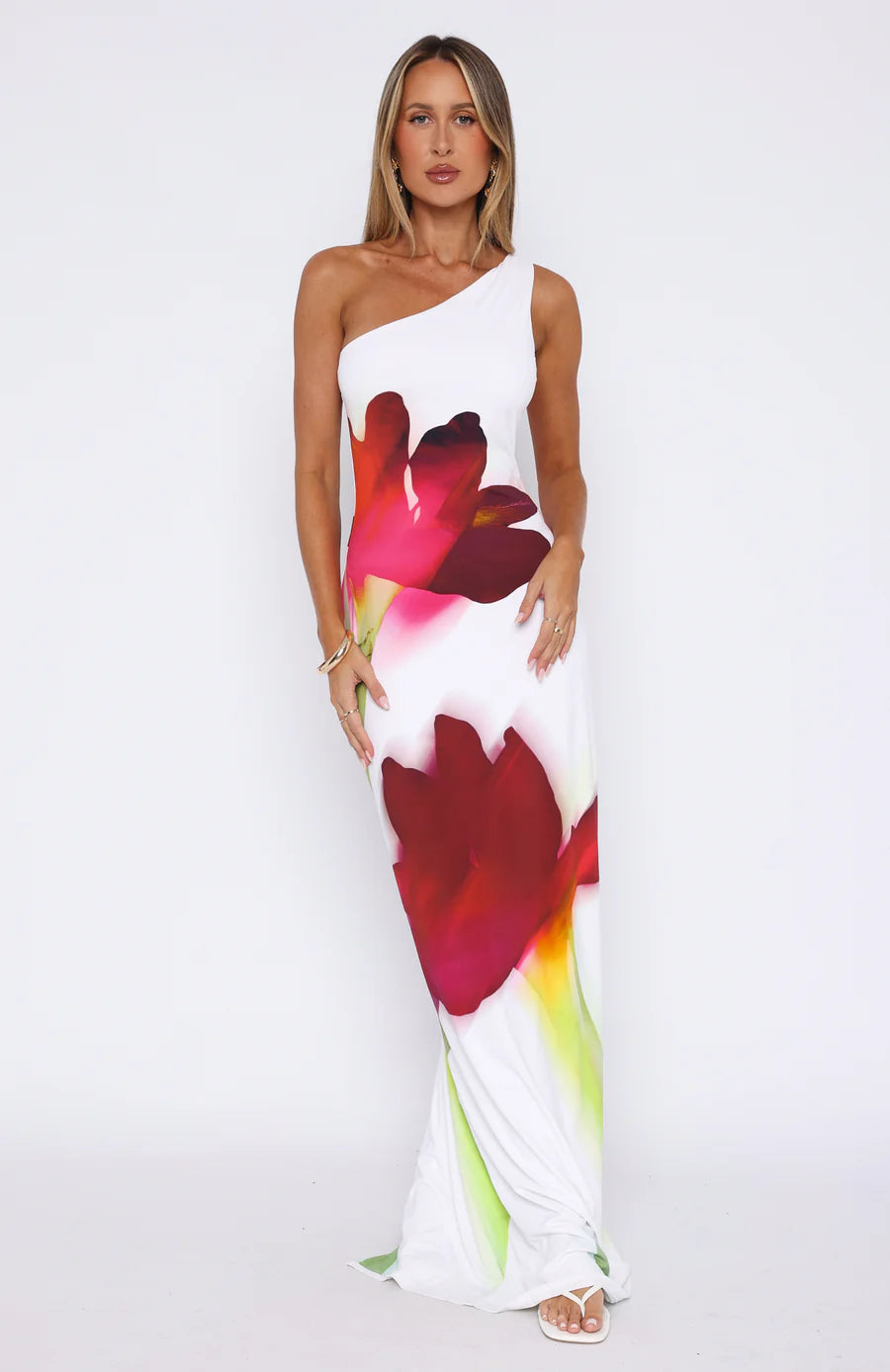 One Shoulder Floral Maxi Dress In White