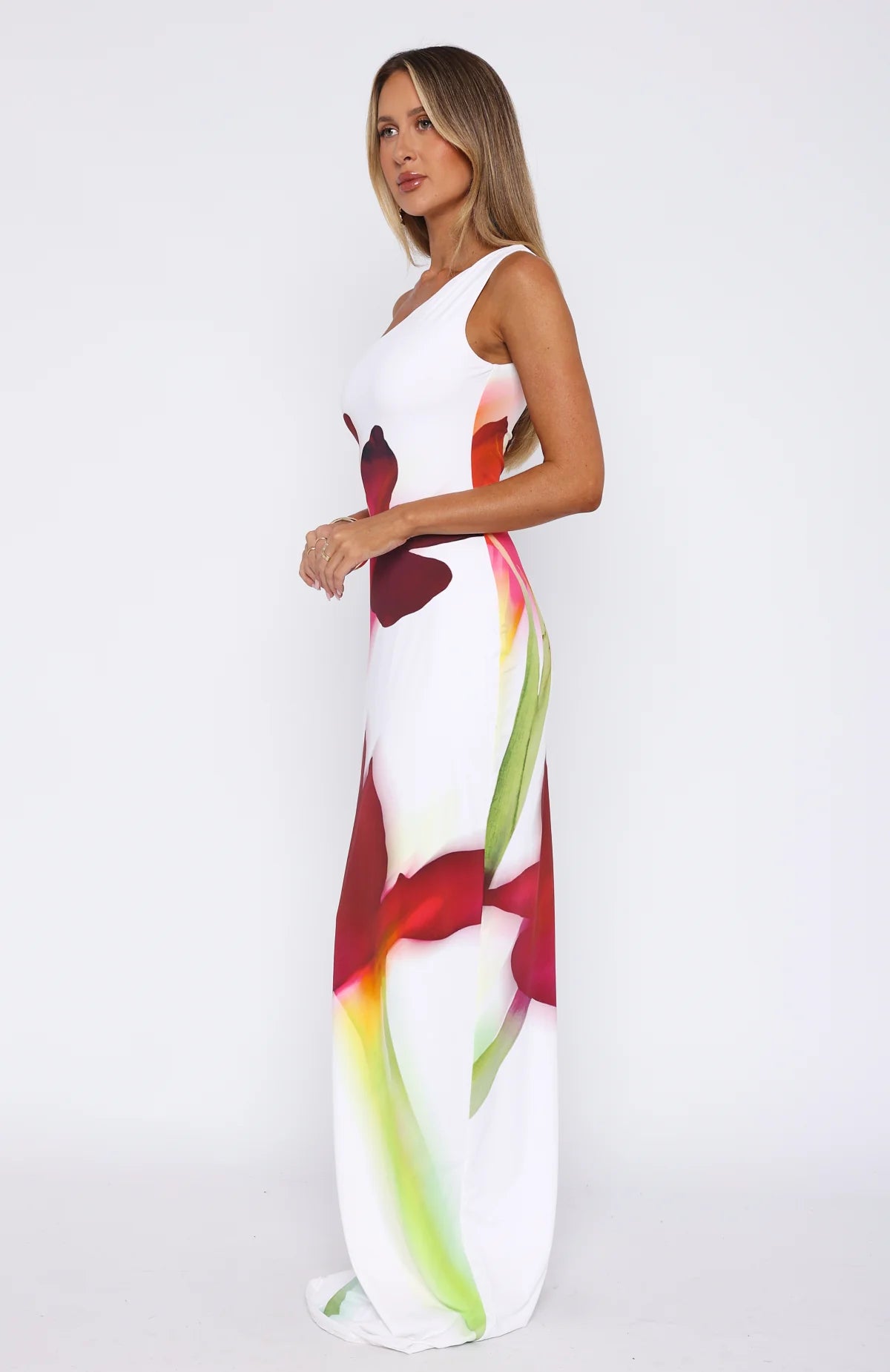 One Shoulder Floral Maxi Dress In White