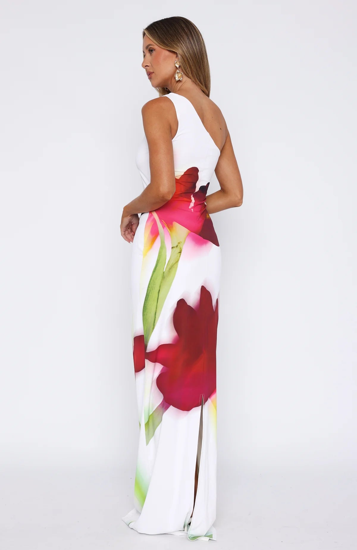 One Shoulder Floral Maxi Dress In White