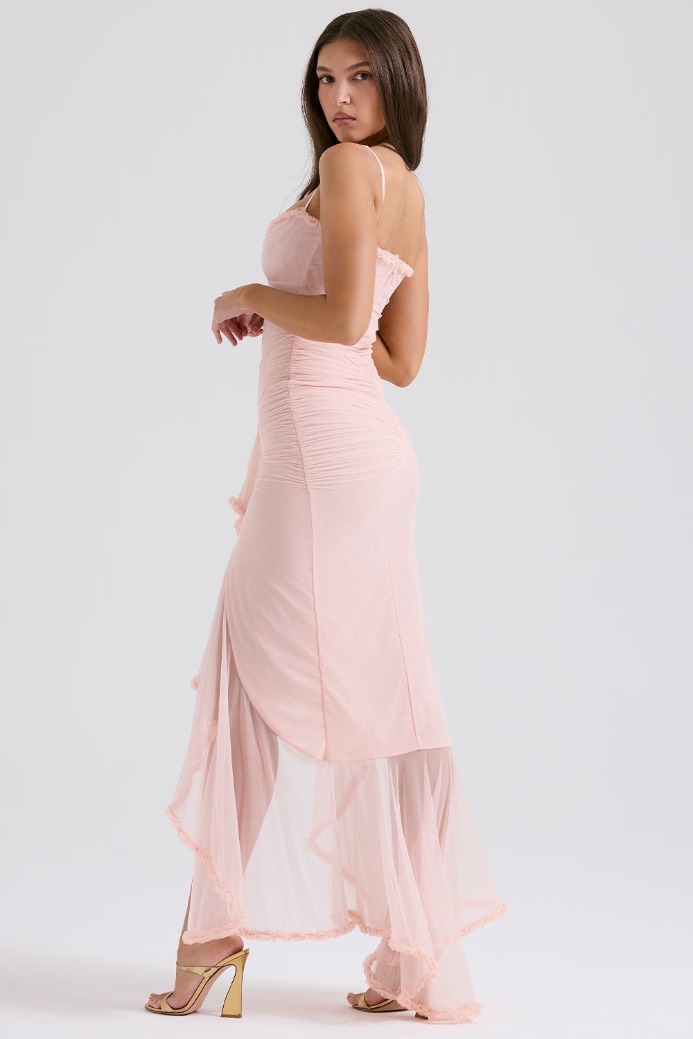 Soft peach colored dress with ruffles