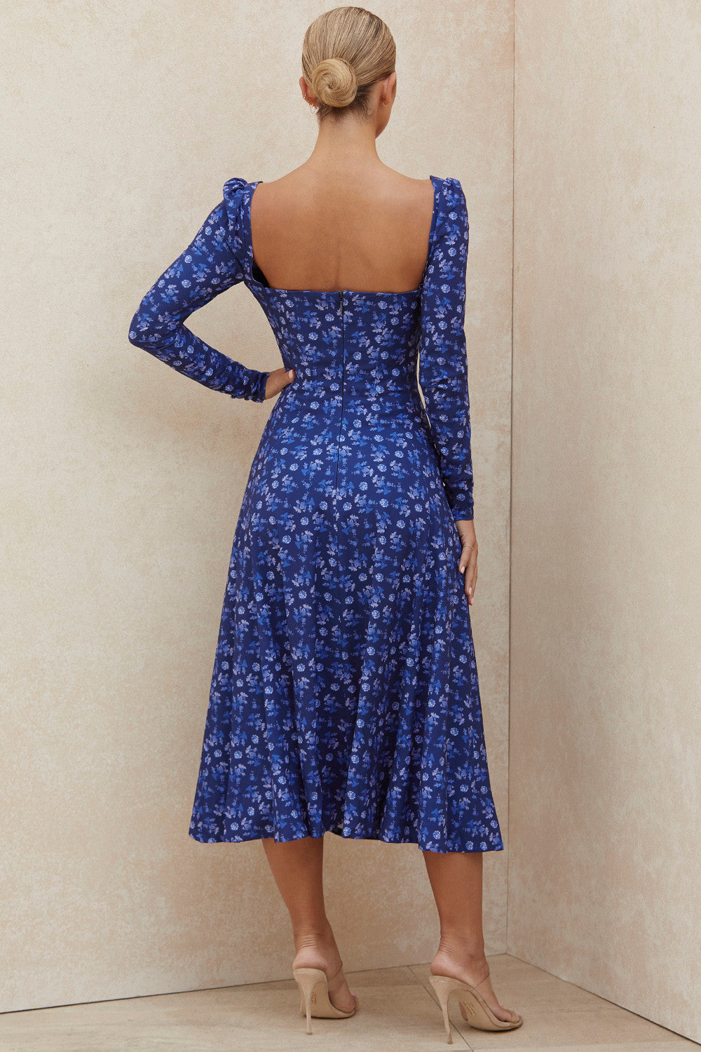 Sapphire colored midi dress with puff sleeves and flowers